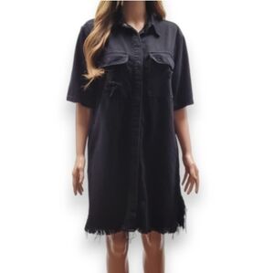 Hidden Jeans Black Denim Distressed Frayed Shirt Dress Snap Front Pockets